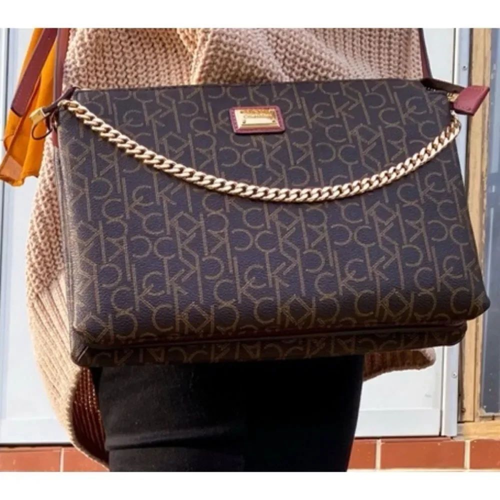 CALVIN KLEIN CK LOGO Crossbody Bag in Burgundy/ Brown ~ Excellent